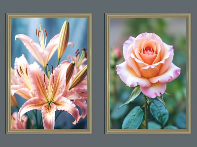 Framed Floral Wall Art With Pink Lilies And Rose Flowers For Home Decor 3d model
