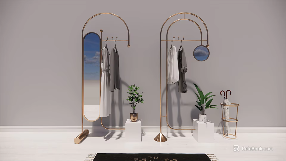 Elegant Modern Golden Frame Floor Standing Clothes Racks With Mirror Potted Plants And Hanging Clothes 3d model 