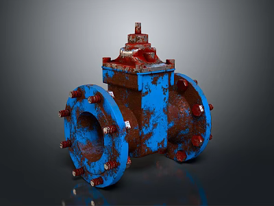 Rusted Industrial Valve With Blue Red Body Flange And Bolts 3d model