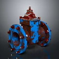 Rusted Industrial Valve With Blue Red Body Flange And Bolts