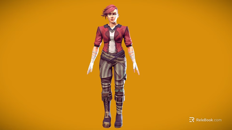 Red Haired Woman In Red Jacket White Top Striped Pants And Boots Against Orange Background 3d model 