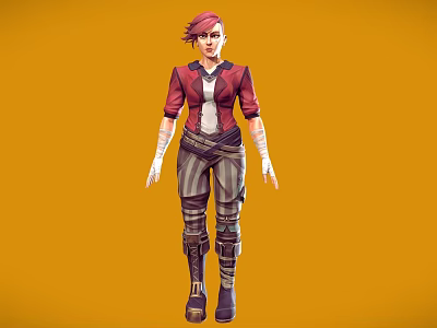 Red Haired Woman In Red Jacket White Top Striped Pants And Boots Against Orange Background 3d model