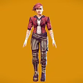Red Haired Woman In Red Jacket White Top Striped Pants And Boots Against Orange Background