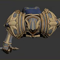 Man Wearing Blue and Gold Ornate Armor Holding Elaborate Sword on Dark Background