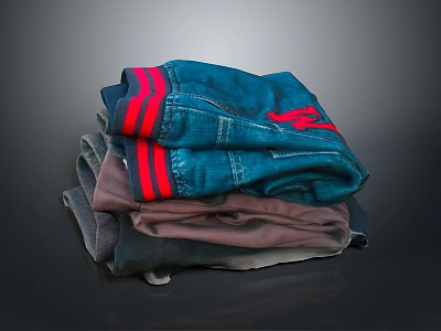 Daily Clothing Stack With Blue Jeans Red Stripes Red Logo And Dark Gray Items 3d model