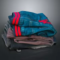 Daily Clothing Stack With Blue Jeans Red Stripes Red Logo And Dark Gray Items