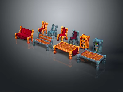 Colorful Scene Components Featuring Sofa Chairs Tables Bookshelf And Red Blue Orange Colors 3d model