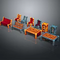 Colorful Scene Components Featuring Sofa Chairs Tables Bookshelf And Red Blue Orange Colors