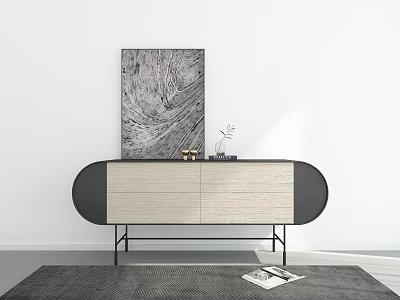 Modern Entryway Side Cabinet With Beige Black Drawers Artwork And Decorative Items On Rug 3d model