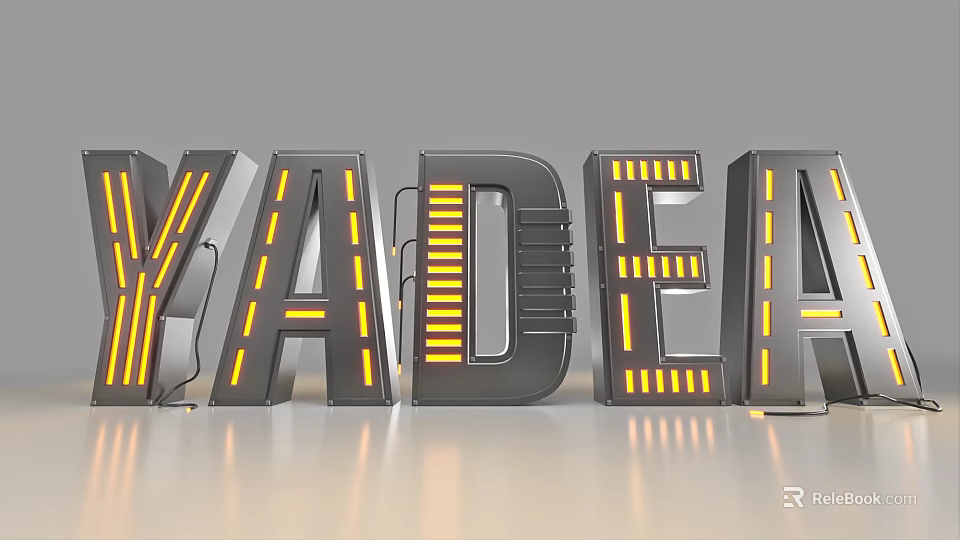 3D Metal Letters With Yellow Strip Lights And Reflective Gray Background 3d model 