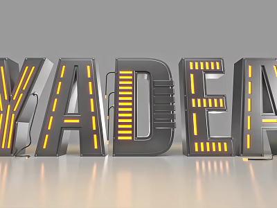 3D Metal Letters With Yellow Strip Lights And Reflective Gray Background 3d model