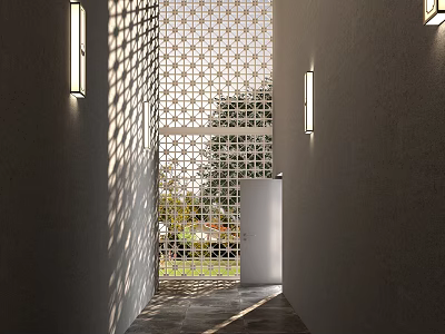 Architectural Exterior Wall With Geometric Lattice Design Gray Walls Wall Lamps And Light Shadow Effects 3d model