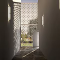 Architectural Exterior Wall With Geometric Lattice Design Gray Walls Wall Lamps And Light Shadow Effects