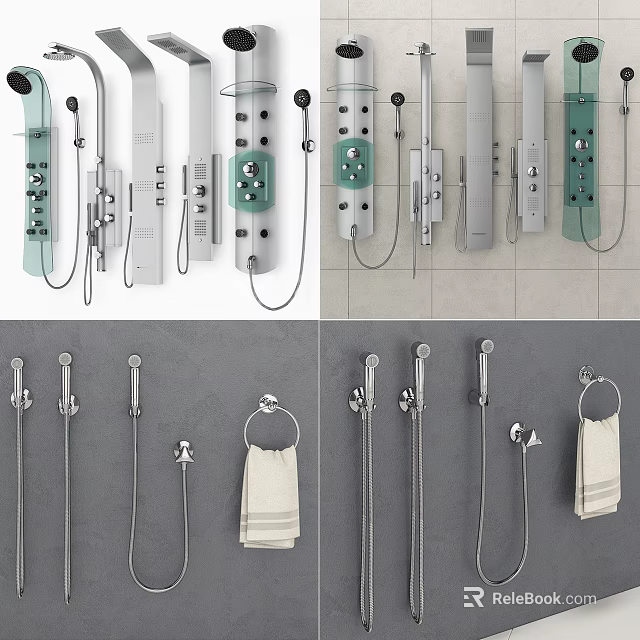 Modern Shower Systems with Handheld Sprayers Control Knobs and Towel Racks in Various Designs 3d model