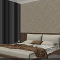 Double Bed In Bedroom Interior With Wooden Headboard Brown Blanket White Pillows And Textured Wall