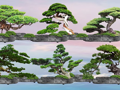 Bonsai Potted Plants With Various Styles Green Foliage And Stone Bases 3d model