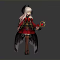 Game Movie Character With Pink Long Hair Black Horns Red Black Dress Black Wings And Golden Object