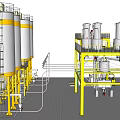 Industrial Equipment With Large Storage Tanks Yellow Supports And Piping Systems