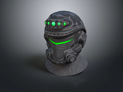 Futuristic Tactical Helmet Design With Green LED Lights And Detailed Armor Stand 3d model