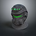 Futuristic Tactical Helmet Design With Green LED Lights And Detailed Armor Stand