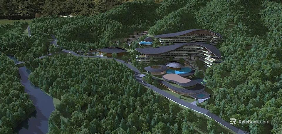Modern Hotel Building in Lush Mountain Forest with Curved Roof Structures and Landscaped Roads 3d model 