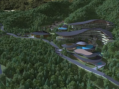 Modern Hotel Building in Lush Mountain Forest with Curved Roof Structures and Landscaped Roads 3d model