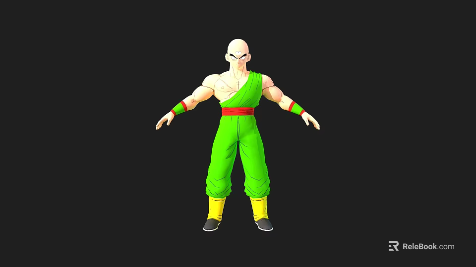 Bald Headed Anime Character In Green Outfit With Red Belt Yellow Boots And Red Wristbands 3d model 