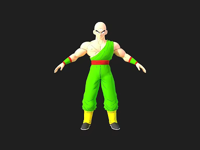 Bald Headed Anime Character In Green Outfit With Red Belt Yellow Boots And Red Wristbands 3d model