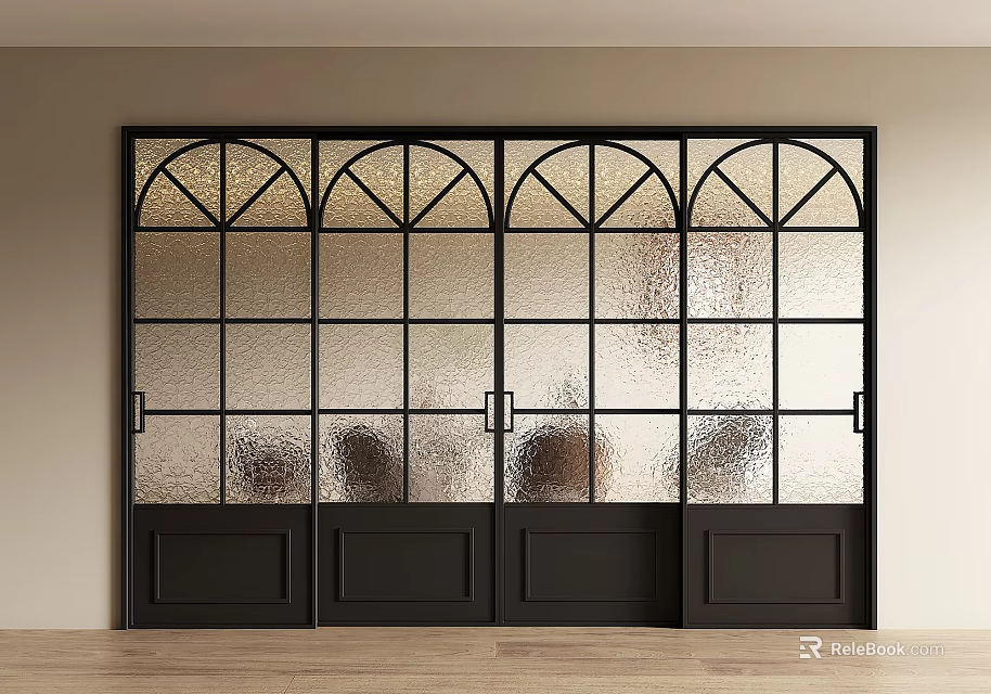 Modern Black Frame Sliding Doors with Arched Top and Frosted Glass Grid Design 3d model 