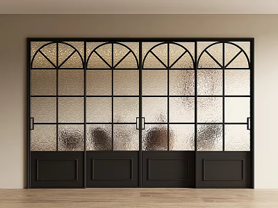 Modern Black Frame Sliding Doors with Arched Top and Frosted Glass Grid Design 3d model