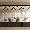 Modern Black Frame Sliding Doors with Arched Top and Frosted Glass Grid Design