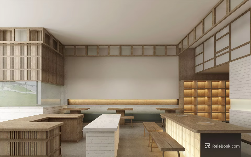 Hotpot Restaurant Interior Design With Wooden Decor Open Layout Dining Counter And Seating Area 3d model 