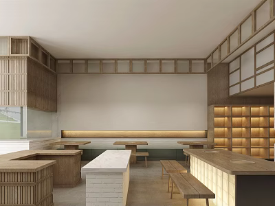 Hotpot Restaurant Interior Design With Wooden Decor Open Layout Dining Counter And Seating Area 3d model