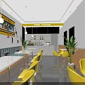 Modern Milk Tea Shop Interior With Yellow Chairs White Tables Blue Booths And Green Plants