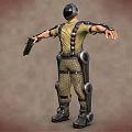 Tactical Soldier Wearing Mechanical Exoskeleton Suit With Combat Gear And Gun