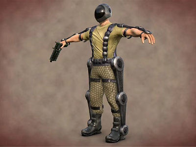 Tactical Soldier Wearing Mechanical Exoskeleton Suit With Combat Gear And Gun 3d model