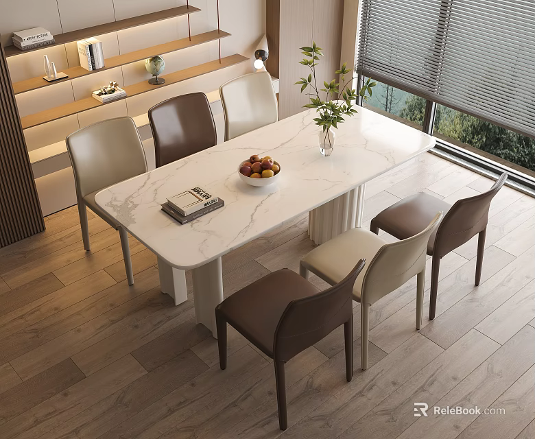 Modern Dining Table Set With Marble Top Brown Beige Chairs Vase Fruit Bowl And Books 3d model 
