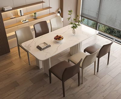 Modern Dining Table Set With Marble Top Brown Beige Chairs Vase Fruit Bowl And Books 3d model