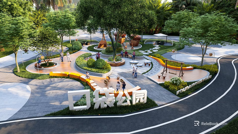 Pocket Park Landscape Design With Lush Trees Walking Paths Seating Areas And People Enjoying 3d model 