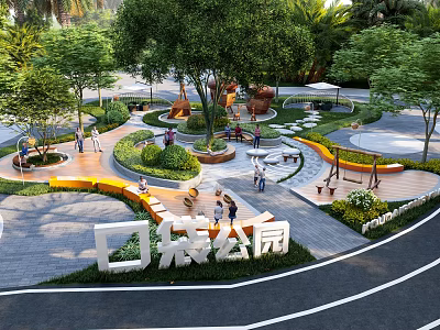 Pocket Park Landscape Design With Lush Trees Walking Paths Seating Areas And People Enjoying 3d model