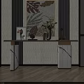 Modern Console Table With Marble Top Decorative Painting Vase And Wall Panel Design 3d model