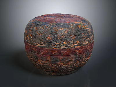 Antique Carved Round Lacquer Box With Red Brown And Gold Patterns 3d model