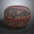 Antique Carved Round Lacquer Box With Red Brown And Gold Patterns