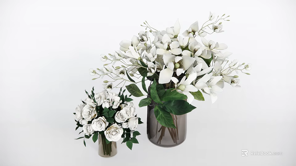 White Roses And Blooms In Small And Tall Ceramic Vases With Green Leaves 3d model 
