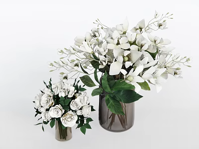 White Roses And Blooms In Small And Tall Ceramic Vases With Green Leaves 3d model
