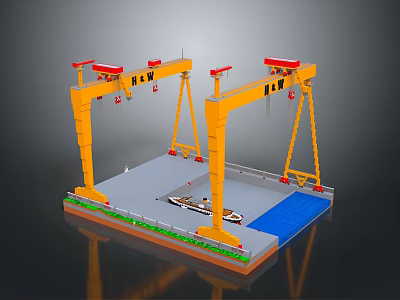 Yellow Gantry Cranes And Heavy Duty Lifting Equipment On Industrial Platform Structure 3d model