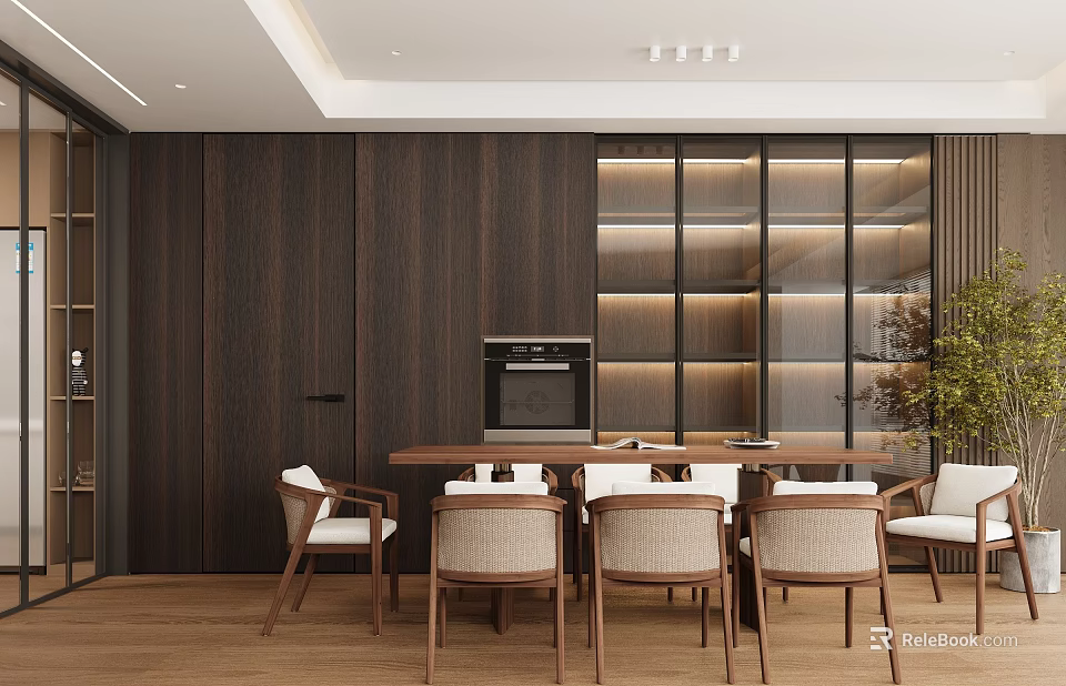 Modern Restaurant Interior With Wooden Walls Long Dining Table Glass Display Cabinet And Warm Lighting 3d model 