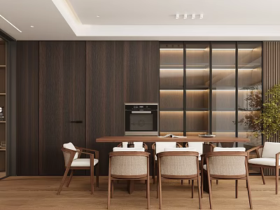 Modern Restaurant Interior With Wooden Walls Long Dining Table Glass Display Cabinet And Warm Lighting 3d model