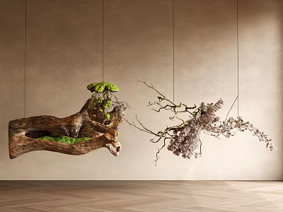 Hanging Wooden Branch Decor With Green Plants And Dried Flowers Against Beige Wall 3d model