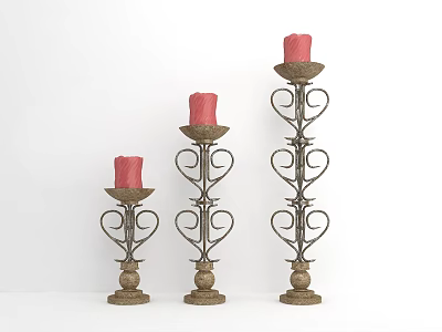Decorative Candle Holders with Three Different Heights Red Candles Metal Stands and Brown Bases 3d model